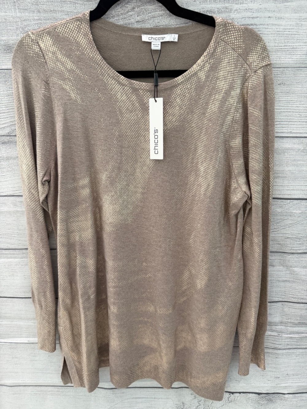 Chico's Shimmery Taupe Metallic Long Sleeve Crewneck